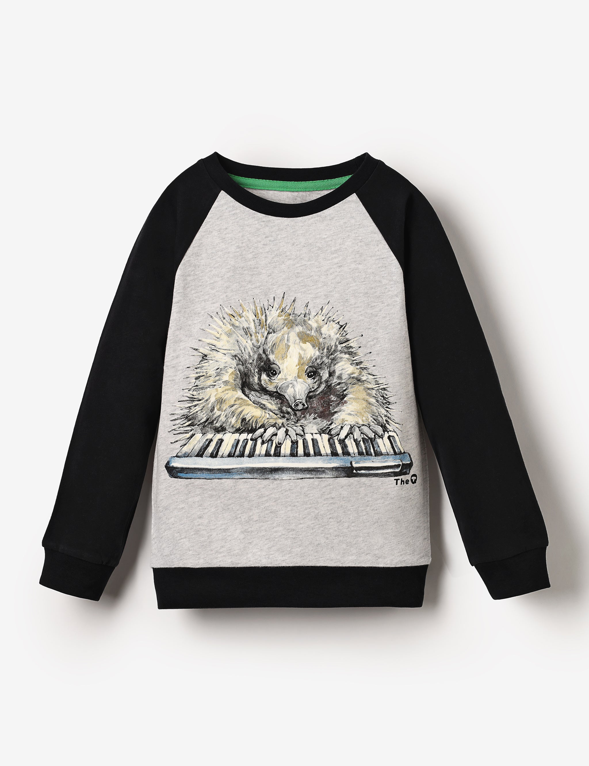 Flat lay of organic cotton kids top with long raglan sleeves and cute echidna playing the piano artwork graphic – unisex, sustainable, plastic-free and stereotype-free.
