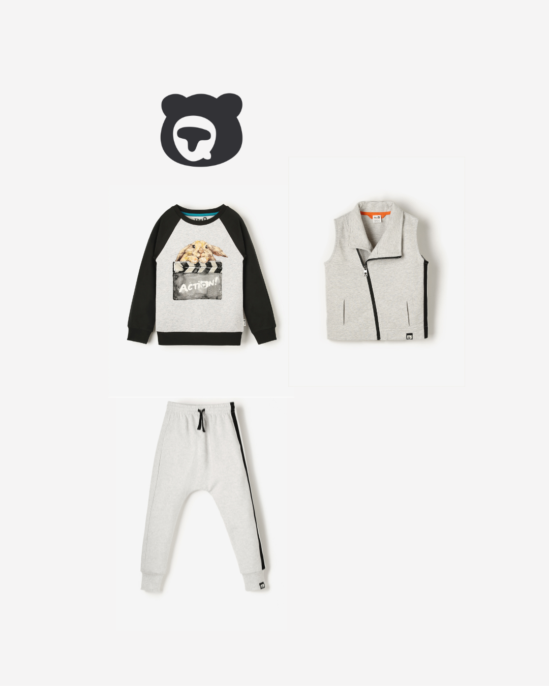 Three-piece kids outfit bundle with bunny long sleeve top, grey marl vest, and grey marl joggers. Organic cotton, gender-neutral clothing for kids.
