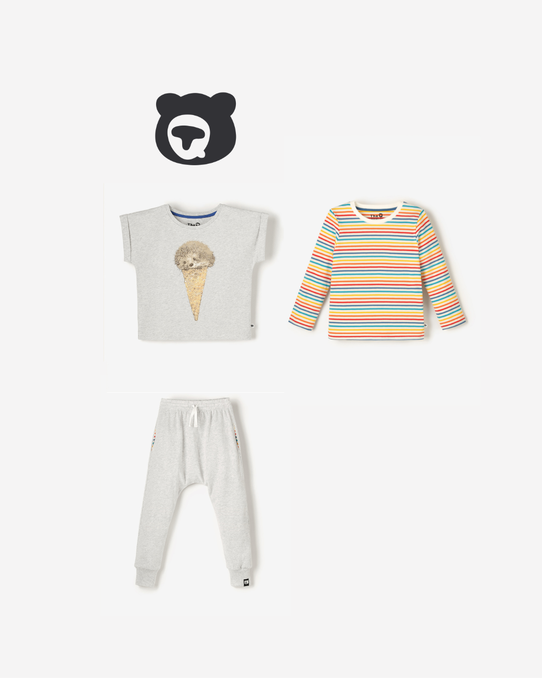 Organic cotton kids outfit set with Ice Cream Hedgie tee, stripy long sleeve top, and grey marl joggers. Soft, organic cotton kidswear in a playful bundle.